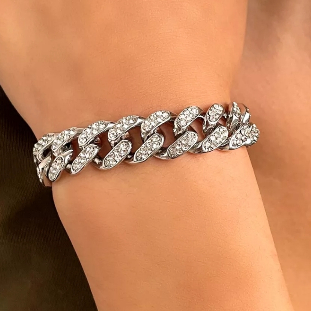 Gold plated Cuban link bracelet gold or silver‎  Bling Unisex Chunky Rhinestone